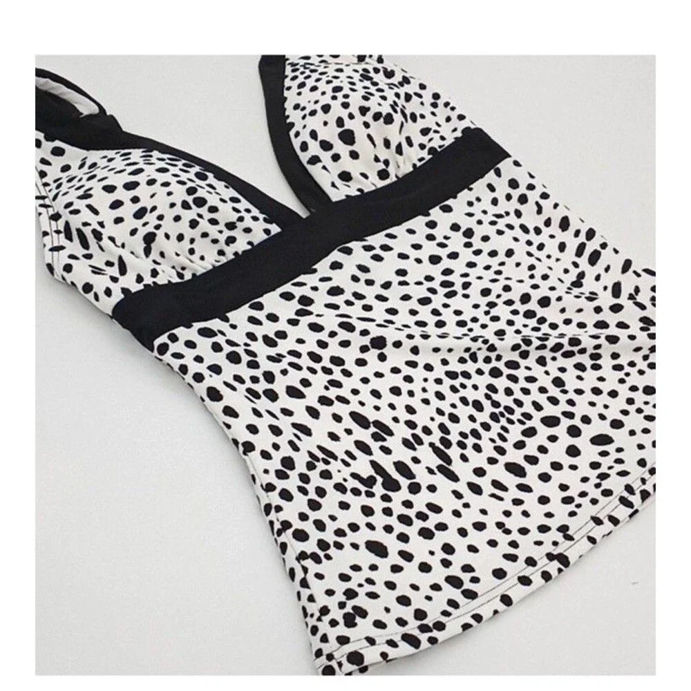 DKNY Tankini Top Womens Spotted Print V-neck Swim Top White Black‎ Large NWT - Picture 6 of 8